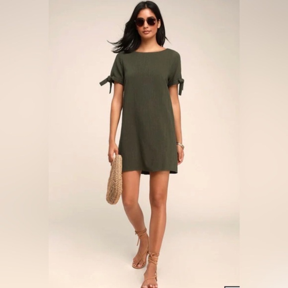 LULUS Maeve Olive Green Button Back Shift Mini Dress. Size M